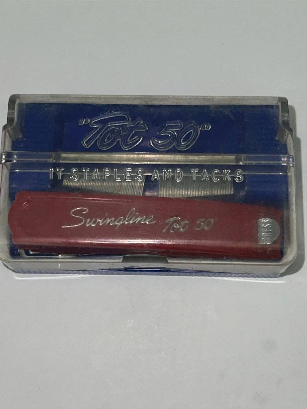 Vintage Swingline Tot 50 Mini Stapler w/ Original Case Red Retro Mid Century